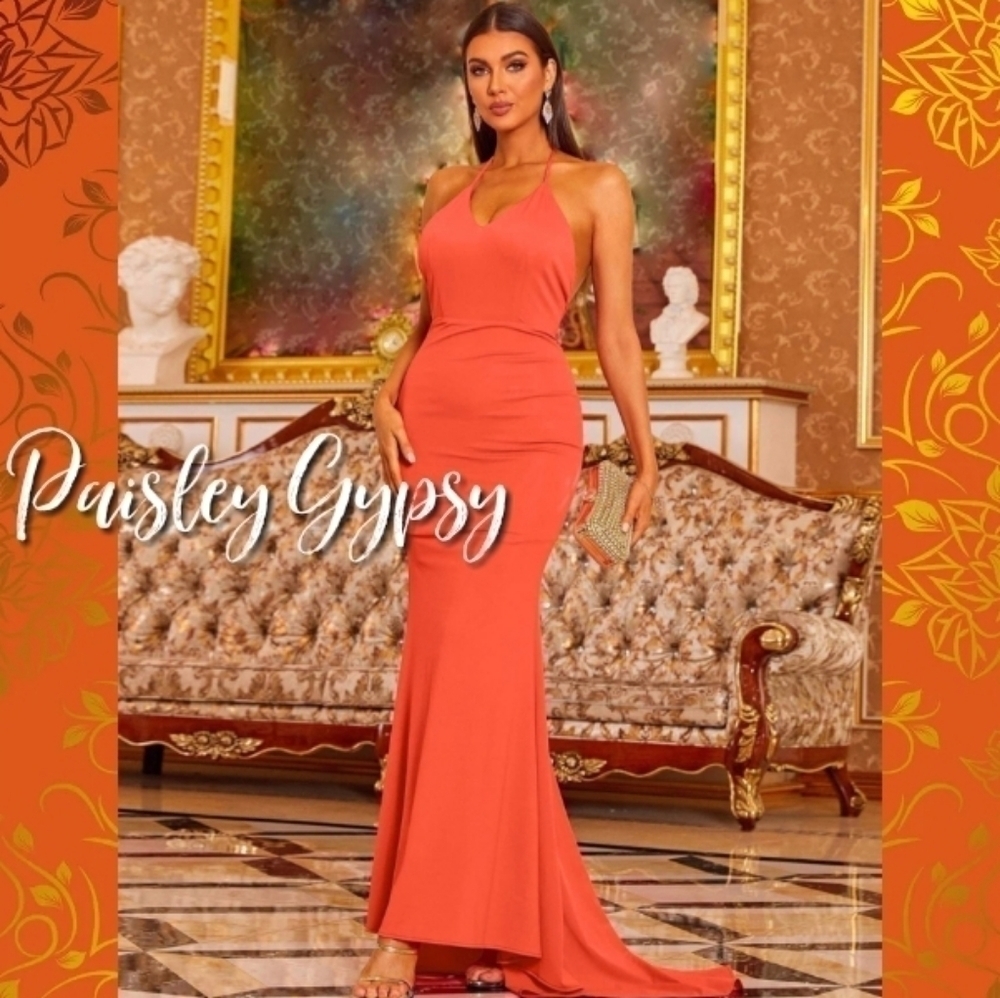 Stunning Double Deep V Fit and Flare Halter Evening Gown in Deep Coral O… - Picture 7 of 9